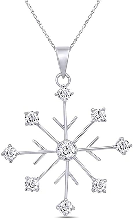 SAVEARTH DIAMONDS 925 Sterling Silver Round Cut Lab Grown Diamond Snowflake Pendant Necklace Jewelry For Women, 18" Chain (0.57 Cttw, G-H Color, VS-SI Clarity)