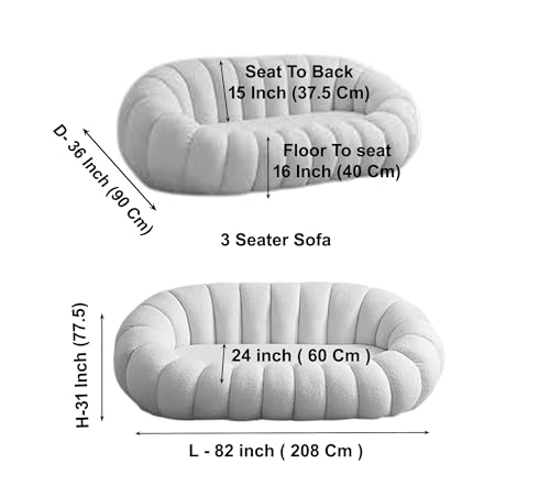 Image of CRAFTCITY Pumpkin Style Wooden Sofa | Contemporary Wool Sofa with Swen Pillow Back for Living Room (Beige, 3 Seater)