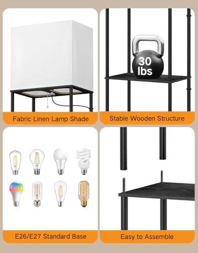 Image of OUTON Floor Lamp with Shelves, Modern Large Size Rectangle Standing Shelf Lamp with 3 Color Temperature Bulb, Storage Display Wood Column Tall Bookshelf Lamp for Living Room, Bedroom Office, Black