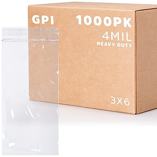 GPI - 1000 bolsas con cremallera de 3 x 6 pulgadas, resistentes de 4 mil de grosor, bolsas de polietileno transparentes con cierre de cremallera resellable para almacenamiento, embalaje, alimentos,