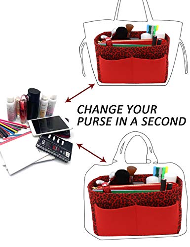 Image of LEXSION Felt Purse Bag Organizer Insert with zipper Bag Tote Shaper Fit Speedy Neverful PM MM, 1-R-Leopard, Slender Medium