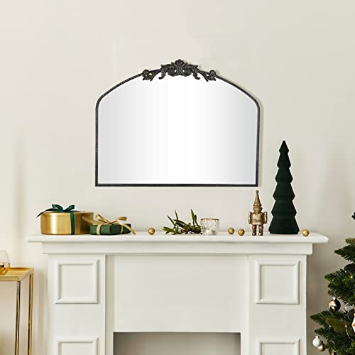 Image of Black Arched Mirror 40 inchX31 inch, Vintage Antique Baroque Mantel Mirror with Black Brush Gold Metal Frame, Ornate Wall Decor for Entryway /Fireplace /Living Room /Hallway /Bathroom /Bedroom