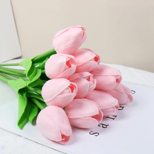 Image of 20Pcs Stems 13.5 Inch Candy Pink PU Artificial Moisturizing Tulips, Faux Candy Pink Tulips Flowers for Thanksgiving Christmas Decorations Wedding Home Table Vase Floral Arrangements