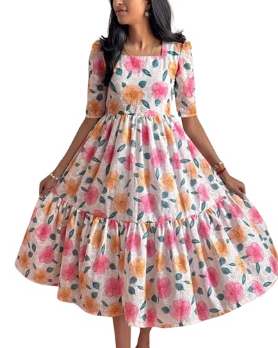 Image of Women's Printed Hakoba Maxi Dress -Cotton Lace Embroidered Sleeveless Boho Beach Dress with Flared Hem, Breathable & Elegant for Casual