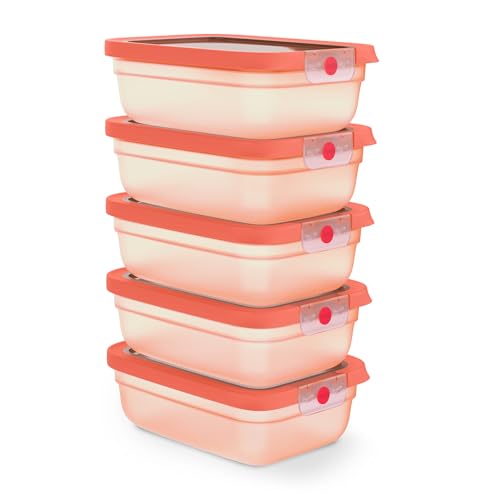 EMSA oneClick Frischhaltedosen, Meal Prep Set 5 x 1,2L, Lebensmittel 2 x länger frisch, 100% dicht, Made in Germany, gefrier-, mikrowellen- und spülmaschinengeeignet, platzsparend, orange, N1231800