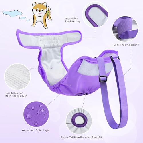 Idepet Female Dog Diapers with Suspender 3 Pack Washable Reusable Doggie Diapers for Small Medium Female Dog in Heat Period Cycle Urinary Incontinence Training, Black+Red+Purple S - Thumbnail 5