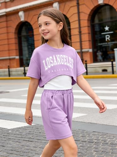 Image of Girl's Summer 3 Piece Outfits Graphic Short Sleeve Crop Top Cami and Shorts Clothes Set