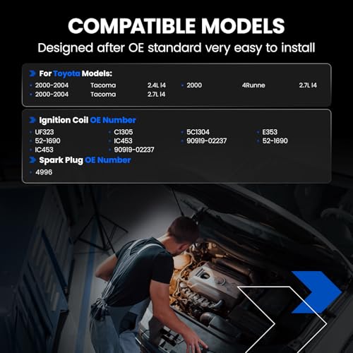 Image of 4-Pack UF323 Ignition Coils & 4996 Spark Plugs Kit Compatible with Toyota Tacoma 2000-2004, 4Runner 2000, 2.4L 2.7L - Replaces 90919-02237 C1305 5C1304 E353 52-1690 & more