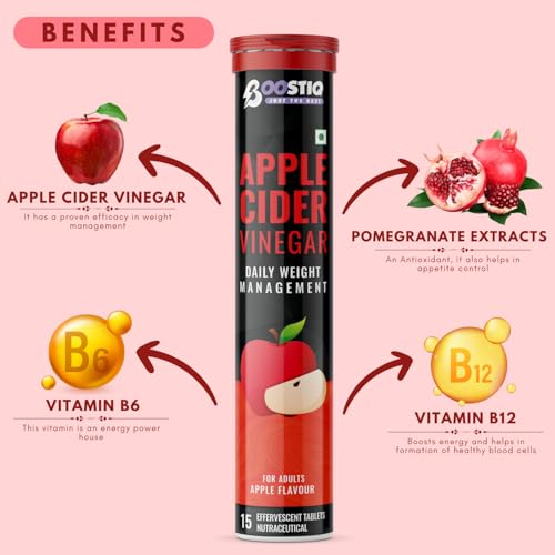 Image of Apple Cider Vinegar Effervescent Tablet - For Weight Loss With Pomegranate Extract, Vitamin B6 & B12 For Refreshing Detox & Metabolism Boost, No added Sugar (15 count (Pack of 2), Apple)