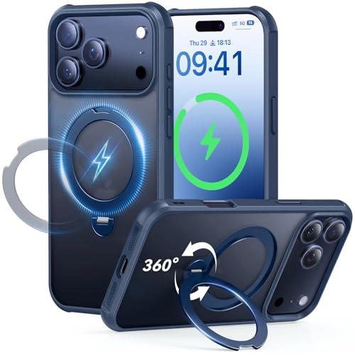 Peerock 360 Spin Magnetic Stand (Pro-Version) for iPhone 17 Pro Max Case (Compatible with MagSafe) [Military Drop Protection] Matte Translucent Shockproof Protective Phone Case 6.9'', Deep Blue
