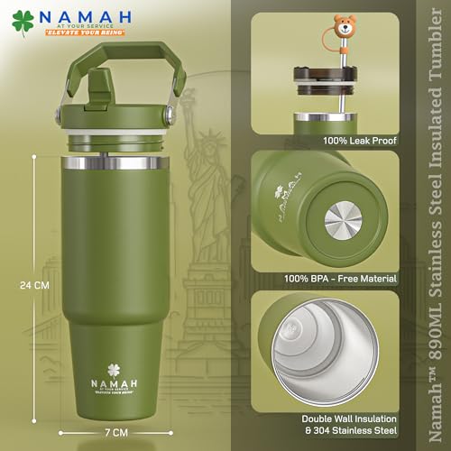 Image of Namah 890 ml Stainless Steel Tumbler with Straw, Lid & Top Handle, Leak Proof Vacuum Insulated Tumbler Water Bottle, Hot & Cold Sipper Bottle for Adults, Office Gym Travel, Car Cup Holder Friendly
