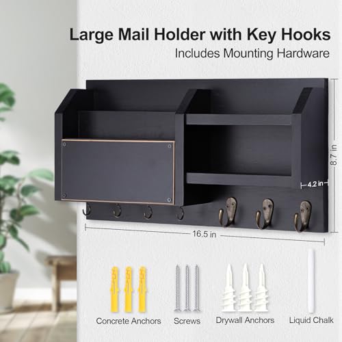 Mail-and-Key-Holder--Wall-Mount-Key-Hanger-with-Shelf-and-7-Metal-Hooks--Decorative-Natural-Paulownia-Wood-Entryway-Organizer-with-Mounting-Hardware-165W-x-87H-x-35D-Black