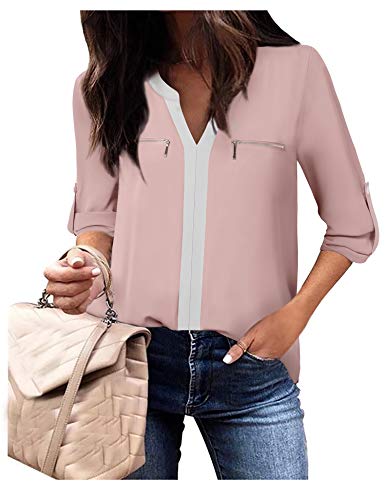 Gaharu Work Blouses for Women Office Loose Blouses V Neck Cuffed Sleeve Color Block Chiffon Tunics Dark Pink,Large