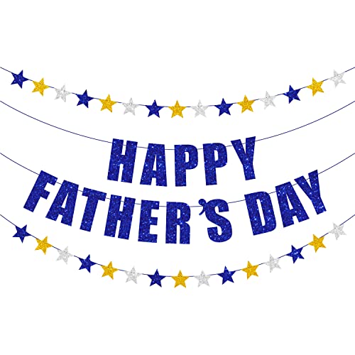 Image of Happy Father's Day Banner, Glitter Blue Happy Father's Day Banner with Tassel, Father's Day Party Decorations, Father's Day Party Supplies, Garland for Father's Day (Blue Gold Silver Star)