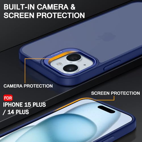 Image of TheGiftKart Hybrid Back Cover Case for iPhone 14 Plus / 15 Plus | Built-in Stand | Shockproof Hard Back Case Cover for iPhone 14+ / 15+ (PC & TPU, Frosted Matte Back, Blue Sides)