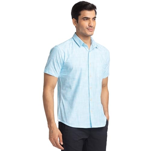 Image of Park Avenue Men's Pure Cotton Chambray Pattern Slim Fit Ainsley Collar Half Sleeve Casual Shirt