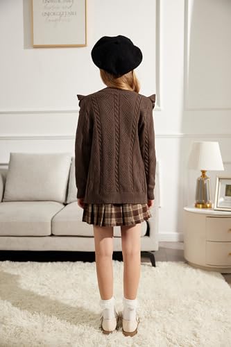 Image of Arshiner Girls Cardigan Sweaters Ruffle School Uniform Sweater V Neck Button Front Outerwear 4-13 Years