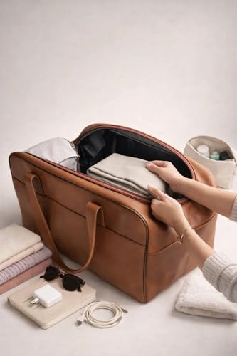 Image of Premium Leather Travel Duffel Bag, Brown, 38x25x30 cm, Large Capacity, Water-Resistant, Weekender Overnight Gym Carry-On Bag for Men and Women