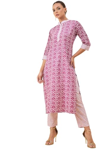 Image of Winza Designer Geometric Printed Pink Cotton Kurta Sets for Woman | Kurtasets | Kurti with Pant Co Ord Set for Women | Kurtas Kurtis | Cordset | Coordset