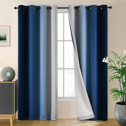 Image of SimpleHome Ombre 100% Blackout Curtains for Bedroom 84 Inches Long, Blue with White Liner Room Darkening Thermal Insulated Grommet Curtain /Drapes for Living Room,2 Panels Set