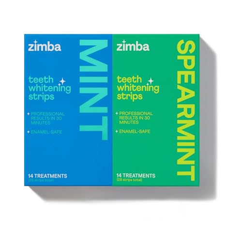 Zimba Teeth Whitening Strips for Teeth Sensitive, White Strips for Teeth Whitening, Teeth Whitener Stain Remover 28 White Strips Included Per Pack, 2 Pack (14 Day Treatment), Mint and Spearmint
