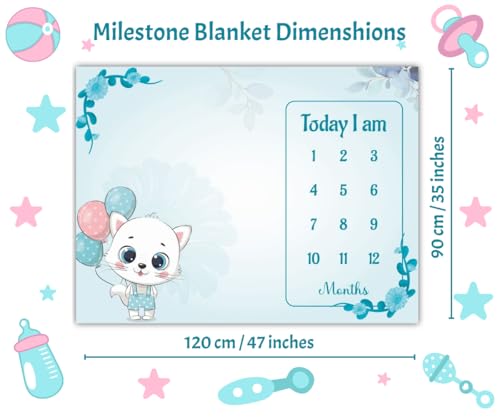 Image of Baby Monthly Milestone Blanket | 1-12 Months | Soft All-Season AC Blanket | Ideal for Newborn Boys & Girls | Perfect Growth Tracker & Photoshoot Prop with Balloon Kitty | 120x90 cm
