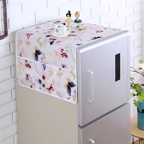 Image of Multi Floral Print Fridge Cover with Side Pockets|Fridge Top Cover|Refrigerator Cover|Single Door|Washable Material|4 Utility Pockets (Bird White, 55 * 120CM)