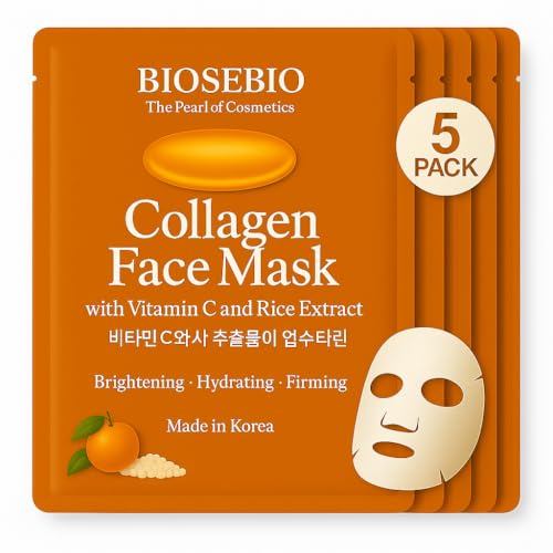 BIOSEBIO Korean Collagen Face Mask – 5 Sheets | Vitamin C & Rice Extract Brightening Sheet Mask for Radiant Glow | Hydrating & Plumping K-Beauty Facial Mask with Hydrolyzed Collagen&Panthenol