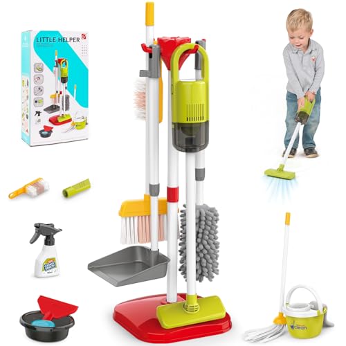 XIAPIA Toddler Cleaning Set, 14 Pcs Kids Cleaning Toy Set with Electric Toy 2 in 1 Vacuum That Really Works, Pretend Play Home Cleaning Playset, Broom and Dustpan Set, Birthday Gifts for Girls & Boys