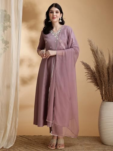 Image of NIVANA Womens Chinnon Angrakha Style Embroidered Anarkali Kurta with Pant and Dupatta | Solid Pattern A-Line Fit | Elegant V-Neck Kurta Set with 3 /4 Sleeves | Ethnic Festive and Wear Outfit