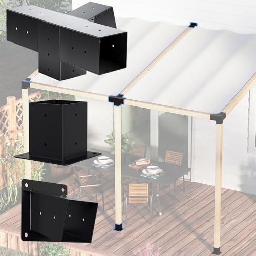 Aukivon 15 Slanted Pergola Bracket Kit 4-Way Roof Wall Mount Pergola Set with Post Base for 4x4 Posts for Gazebos Patio Pergolas(Set of 3)
