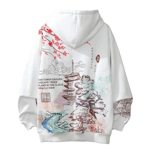 Men Women Y2K Japanese Sakura Fleece Hoodie Temple Harajuku Graphic Sweatshirt Unisex Clothes Long Sleeve Streetwear (White,L,Large)