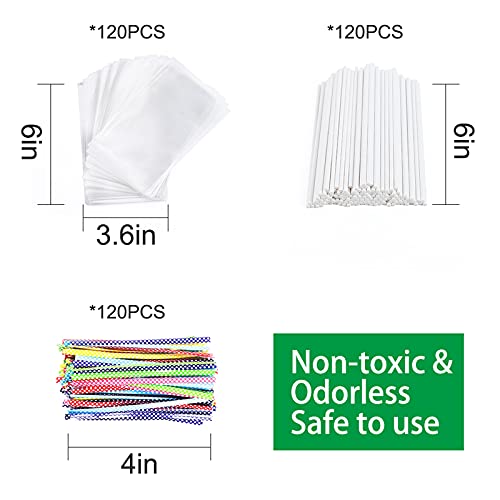 360Pcs 6Inch Lollipop Sticks, Cake Pops Sticks, Cake Pop Bags And Wrappers Chocolates And Cookies Set Including 120 Parcel Bags, 120 Papery Treat Sticks, 120 Colorful Metallic Twist Ties #TOP1