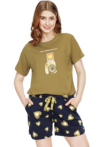 Image of ZEYO Night Suit for Women's Floral & Cheetah Printed Cotton Night Dress of Top and Short's Set 5737