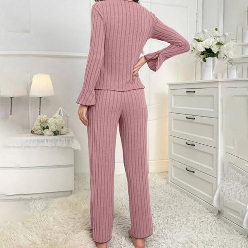 Women's Soft Knit Pajamas Set V Neck Top and Pants Long Sleeve Two Piece Loungewear Elegant Slim Fit Sleepwear4