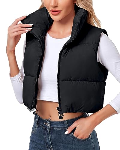 Polu Women's Cropped Puffer Vest Jacket Sleeveless Winter High Stand Collar Lightweight Vest for Women with Zip Gilet
