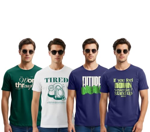 Image of Cotton Blend Regular Fit Half Sleeve Printed Round Neck Multicolor Drop Shoulder T-Shirt for Mens & Boys (Pack of 4)