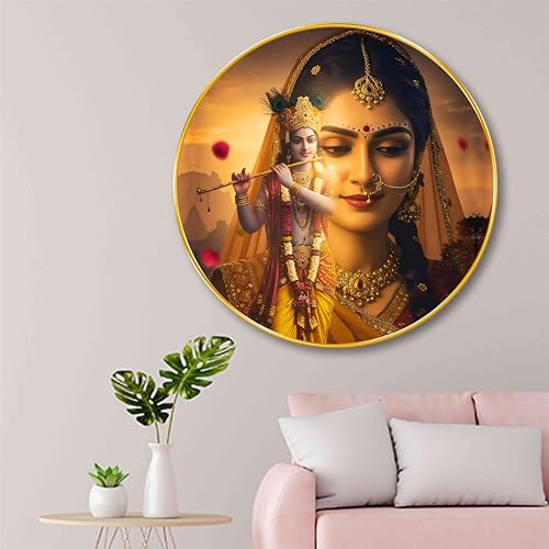 Image of SAF Radha Krishna Divine Love Wall Painting - Spiritual Round Golden Frame Artwork | Traditional Indian Art for Living Room, Bedroom, Office & Pooja Room Home Decor (23 X 23 Inch) GR-293