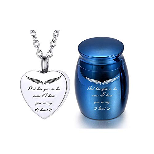 God has You in his arms with Angel Wing Small Keepsake Urns for Human/Pet Ashes Mini Cremation Jewelry for Ashes Memorial Ash Holder with Pretty Velvet Bag (Blue 30X40MM)