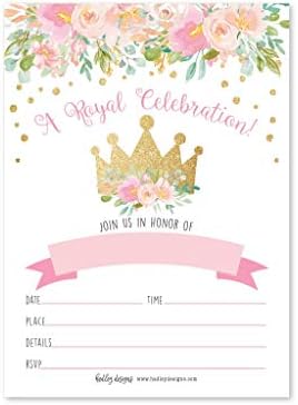 25 Floral Princess Party Invitation, Faux Glitter Royal Queen Little Girl Birthday Invite, Kids Crown Pink and Gold Confetti Themed Bday Supply Idea, Tiara Watercolor Printed or Fill in The Blank Card