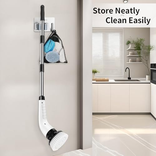 Image of GOXAWEE Electric Spin Scrubber, Cordless Cleaning Brush with 8 Replaceable Brush Heads, Power Shower Scrubber with Long Handle for Bathroom, Tub, Tile, Floor (White)