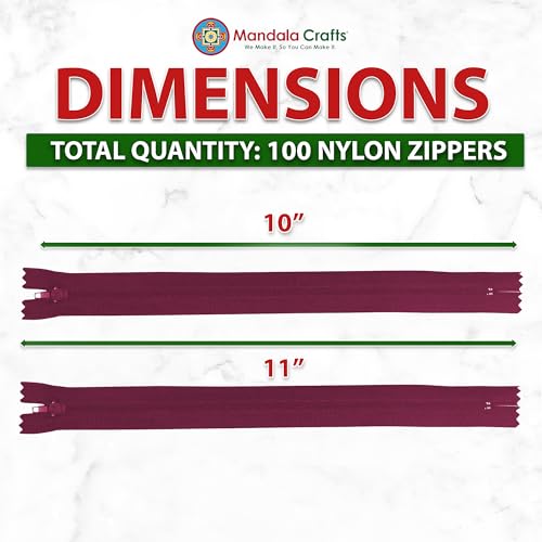 Image of Mandala Crafts 100 PCs Maroon Closed-End 10 Inches Nylon Zippers for Sewing