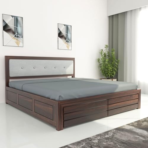 Image of Furniture Sheesham Wood Euro King Size Bed with Box Storage for Bedroom Solid Wood King Box Bed | Finish Color - Walnut, DIY