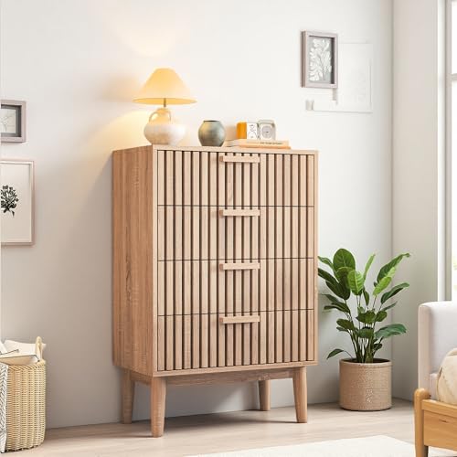 Kommode mit 4 Schubladen, Aufbewahrungsmöbel aus Holz und Korb,...
