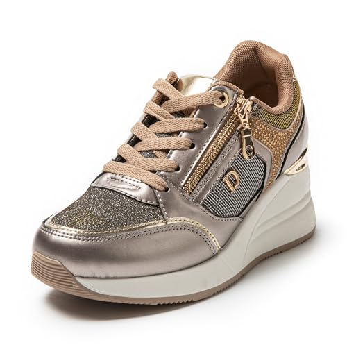 JOMIX Chaussures Femme avec Fermeture Éclair Basket Compensé Sneakers Décontracté Légère et Confortable (Or, 36)