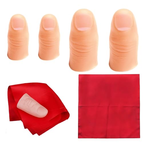 DNSHAN 4 Stück Zaubertrick Finger, Künstliche Finger und Zauberdaumen, Zauber Zubehör Mit 1 Stück Rot Training Tuch für Zauberartikel Party