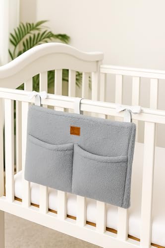 Adm&Eve Bedside Diaper Caddy - Teddy Material With 2 Compartments for Baby Carrier, Crib, Stroller & Changing Table, Hanging Storage Organizer (Grey)