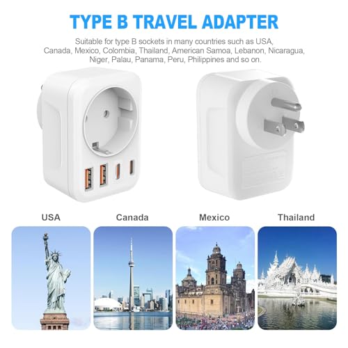 Reiseadapter USA-Adapter USA mit 2 USB 2 Typ-C(3.4A),mit 1 AC,5-in-1 USA Adapter Steckdose,Stromadapter USA,Adapter USA Deutschland Stecker,Steckdosenadapter Typ B für Amerika Kanada Thailan Mexiko