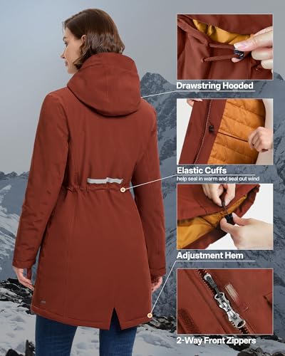 33,000ft Damen Wintermantel Lange Warme Winterjacke Wasserdichte Winddichte Parka Regenjacke Verdickene Funktionsjacke Mit Kapuze Übergangsjacke Outdoorjacke, Kirschrot L