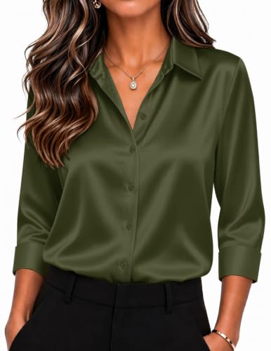 Image of Zeagoo Womens Satin Blouses Button Down Shirts 3 /4 Sleeve Dressy Tops S-2XL